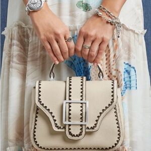 Brighton Beige Leather Top-Handle Satchel with Dark Contrast Stitching